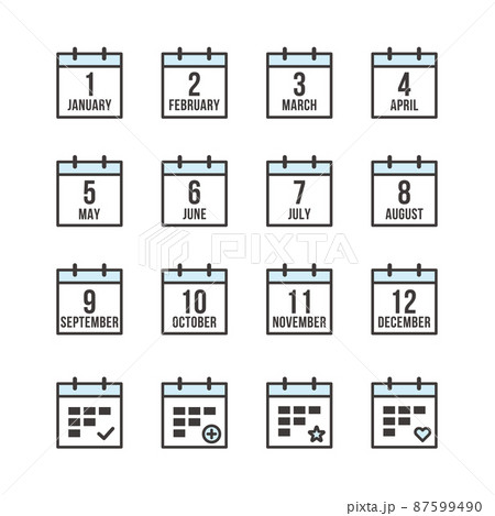 毎月のカレンダーやスケジュールをイメージしたピクトグラムのアイコンセットのイラスト素材