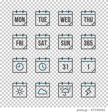 帶有日程表圖像的日曆圖標集，例如星期幾和天氣 87599492