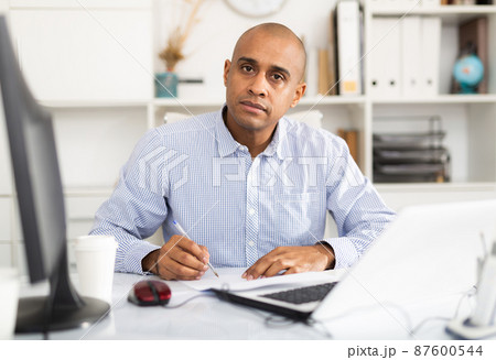 Portrait of handsome hispanic employee looking at camera and sitting at office desk 87600544