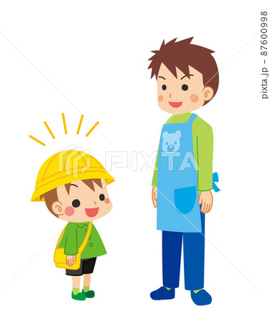 幼稚園の先生に元気に挨拶をしている可愛い幼稚園児の男の子のイラスト　全身　白背景　クリップアート 87600998