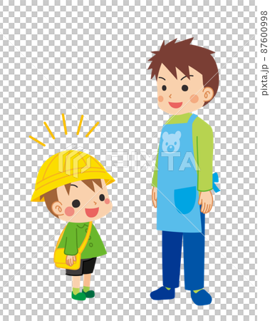 幼稚園の先生に元気に挨拶をしている可愛い幼稚園児の男の子のイラスト　全身　白背景　クリップアート 87600998
