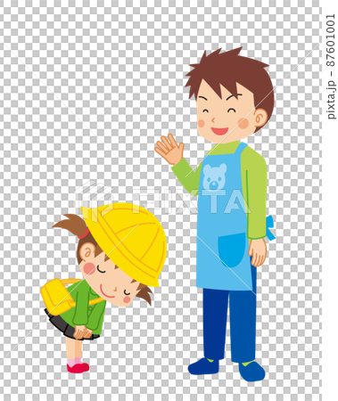 一個可愛的幼兒園女孩鞠躬和問候幼兒園老師的插圖全身白色背景剪貼畫 87601001