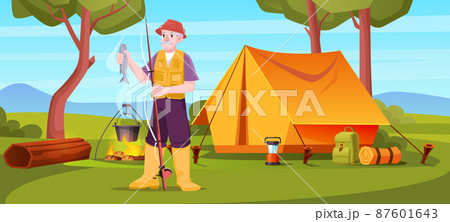 Senior fisherman holding fish and rod in camp 87601643