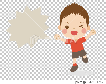 一個男孩用拳頭奔跑，一邊眨眼，一邊用文字泡泡 87601747