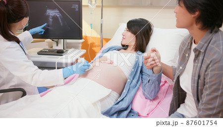 pregnant woman have ultrasound scan 87601754
