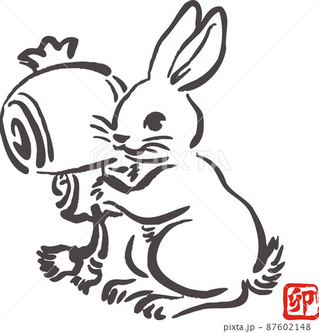 年賀状素材　年賀2023　卯　兎　うさぎ　卯年　小槌　墨絵　水墨画　日本画　浮世絵　手描き　イラスト 87602148