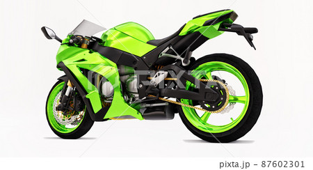 3d green super sports motorbike on white isolated background. 3d illustration. 3d green super sports motorbike on white isolated background. 3d illustration. 87602301