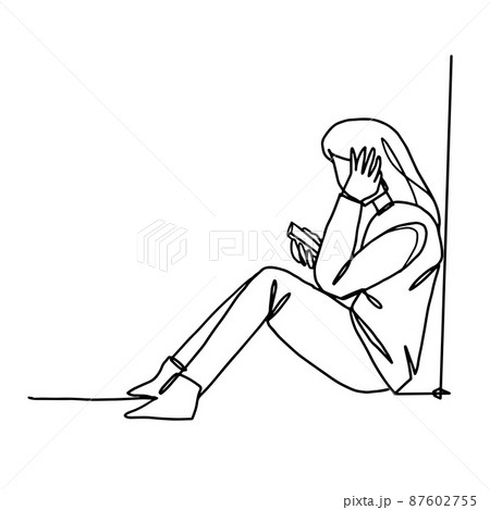 Continuous line drawing. Sad woman looking at mobile phone. Vector Continuous line drawing. Sad woman looking at mobile phone. Vector 87602755