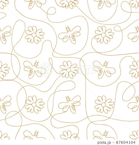 Single continuous line drawing floral pattern Summer flower honey bee beekeeping repeated background. Sunflower in one continuous line. Minimalist linear sketch. Vector illustration 87604104