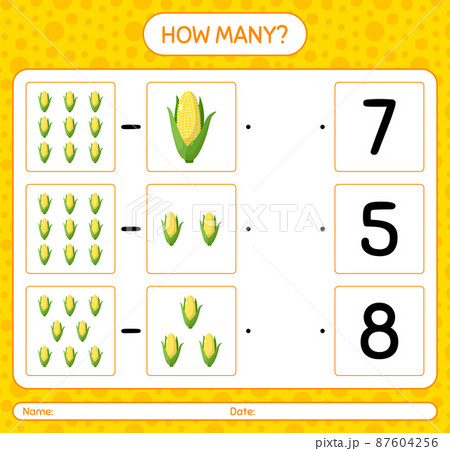 How many counting game with corn. worksheet for preschool kids, kids activity sheet, printable worksheet 87604256
