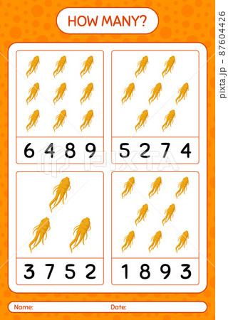 How many counting game with ginseng. worksheet for preschool kids, kids activity sheet, printable worksheet 87604426