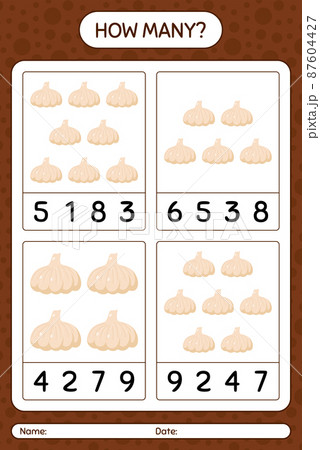 How many counting game with garlic. worksheet for preschool kids, kids activity sheet, printable worksheet How many counting game with garlic. worksheet for preschool kids, kids activity sheet, printable worksheet 87604427