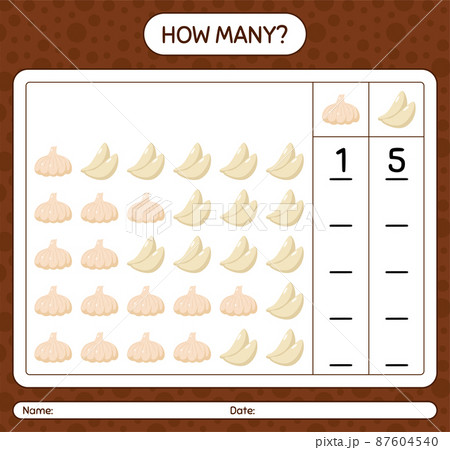 How many counting game with garlic. worksheet for preschool kids, kids activity sheet, printable worksheet 87604540