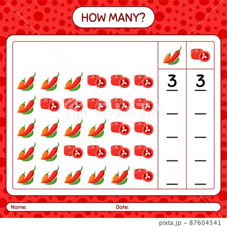 How many counting game with chili pepper. worksheet for preschool kids, kids activity sheet, printable worksheet How many counting game with chili pepper. worksheet for preschool kids, kids activity sheet, printable worksheet 87604541