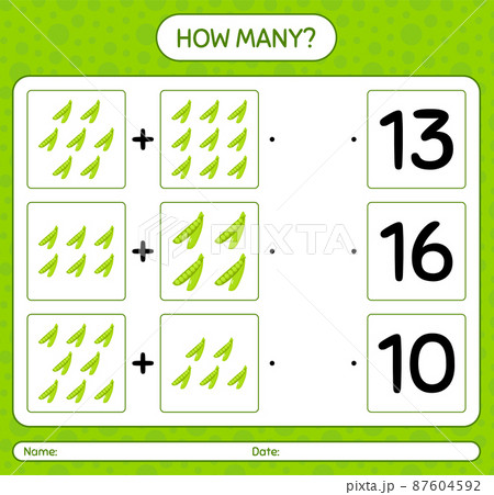How many counting game with peas. worksheet for preschool kids, kids activity sheet, printable worksheet 87604592