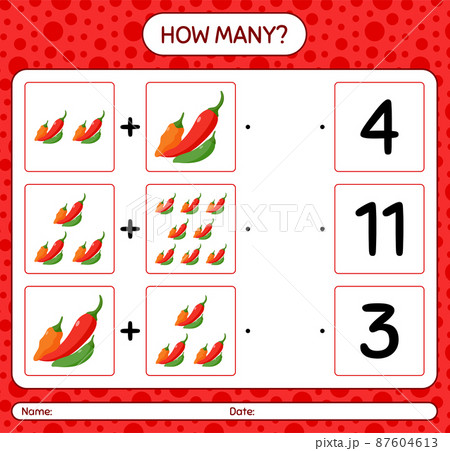 How many counting game with chili pepper. worksheet for preschool kids, kids activity sheet, printable worksheet How many counting game with chili pepper. worksheet for preschool kids, kids activity sheet, printable worksheet 87604613