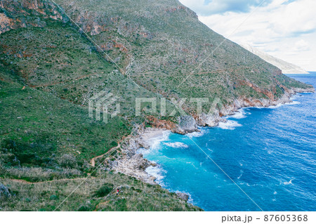 Sicily aerial view on the sea and mountain Sicily aerial view on the sea and mountain 87605368