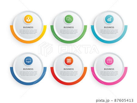 Infographics circle timeline with 6 data template. Vector illustration abstract background. Can be used for workflow layout, business step, banner, web design. 87605413