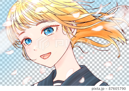 横向きの女学生のカラーイラスト 金髪 青い瞳のイラスト素材