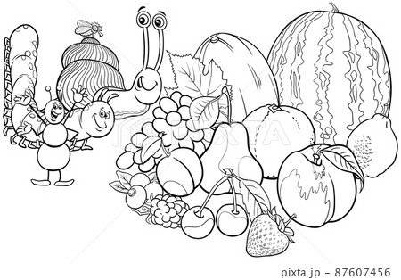 cartoon insects and snail with fresh fruit coloring book page 87607456