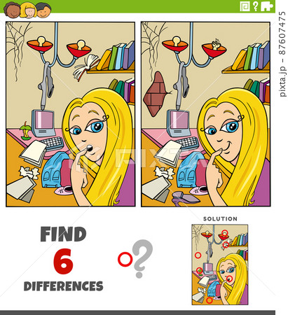 differences task with cartoon girl and mess in her room 87607475