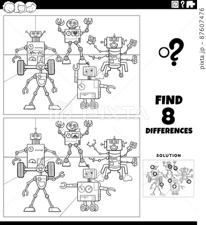 differences educational task with robots coloring book page 87607476