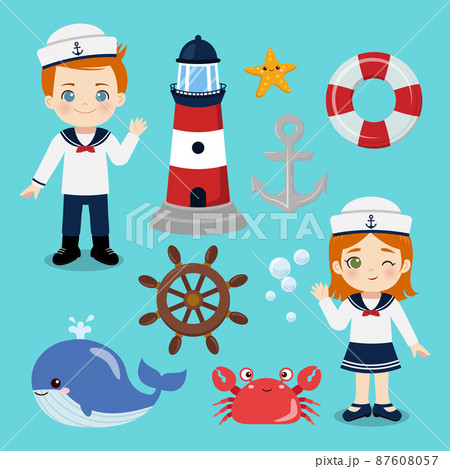 Cute marine boy and girl with navy object collection set. Flat vector cartoon design Cute marine boy and girl with navy object collection set. Flat vector cartoon design 87608057