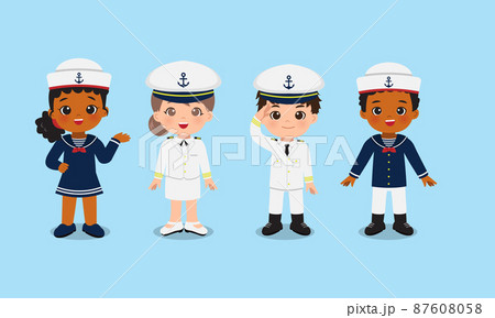 Cute boy and girl in navy sailor uniform. Flat vector cartoon design 87608058