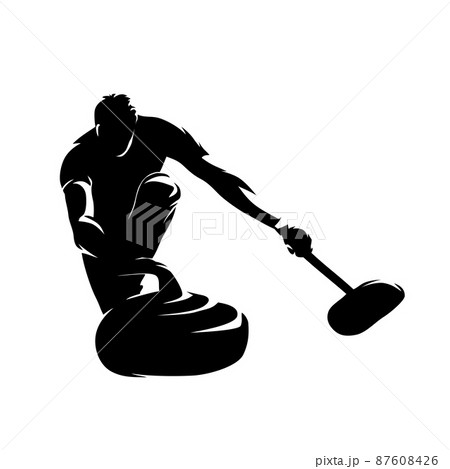 Curling, curler slides stone, isolated vector silhouette, ink drawing. Winter sport athlete logo, front view Curling, curler slides stone, isolated vector silhouette, ink drawing. Winter sport athlete logo, front view 87608426