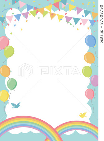 風船と虹のパーティー背景フレーム ブルー のイラスト素材