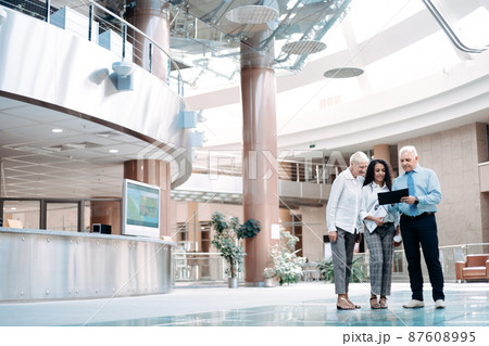 group of business people are talking standing in the hall of a modern business center. 87608995