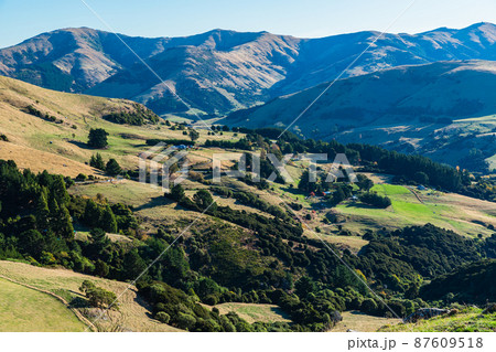 ニュージーランド 南島の町、アカロア郊外の丘から望むバンクス半島の風景 ニュージーランド 南島の町、アカロア郊外の丘から望むバンクス半島の風景 87609518