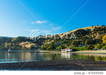 ニュージーランド 南島のバンクス半島に位置する町、アカロアの町並みとアカロア湾の風景 ニュージーランド 南島のバンクス半島に位置する町、アカロアの町並みとアカロア湾の風景 87609560