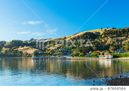 ニュージーランド　南島のバンクス半島に位置する町、アカロアの町並みとアカロア湾の風景 87609564