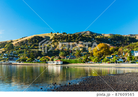 ニュージーランド　南島のバンクス半島に位置する町、アカロアの町並みとアカロア湾の風景 87609565