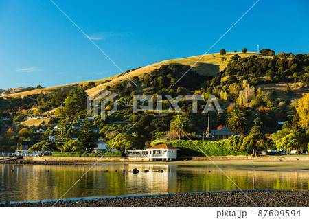 ニュージーランド　南島のバンクス半島に位置する町、アカロアの町並みとアカロア湾の風景 87609594