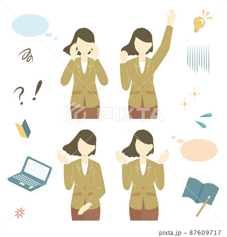 様々なポーズでスキルアップを応援する女性とアイコンのセット 様々なポーズでスキルアップを応援する女性とアイコンのセット 87609717