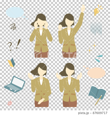 様々なポーズでスキルアップを応援する女性とアイコンのセット 様々なポーズでスキルアップを応援する女性とアイコンのセット 87609717