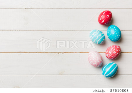 holiday preparation Multi colors Easter eggs on colored background . Pastel color Easter eggs. holiday concept with copy space holiday preparation Multi colors Easter eggs on colored background . Pastel color Easter eggs. holiday concept with copy space 87610803