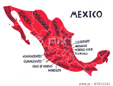 Vector hand drawn stylized map of Mexico states. Travel illustration. The United Mexican States geography illustration. Latin America map element Vector hand drawn stylized map of Mexico states. Travel illustration. The United Mexican States geography illustration. Latin America map element 87611202