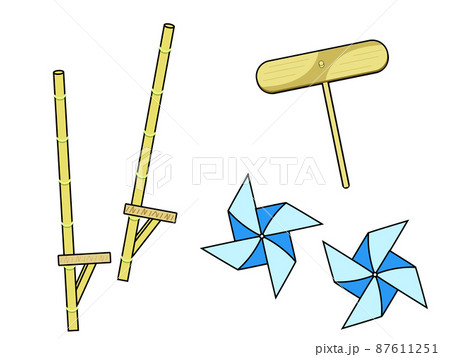 昔の遊び 竹馬 竹とんぼ 折り紙のイラスト素材