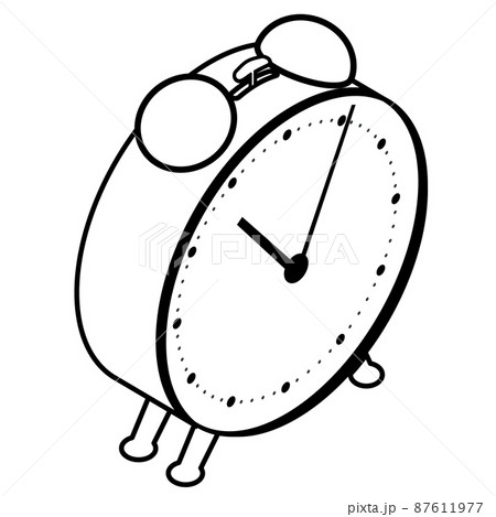 Isometric mechanical alarm clock on legs outline isolated on white. Bells with hammer on top. Isometric mechanical alarm clock on legs outline isolated on white. Bells with hammer on top. 87611977