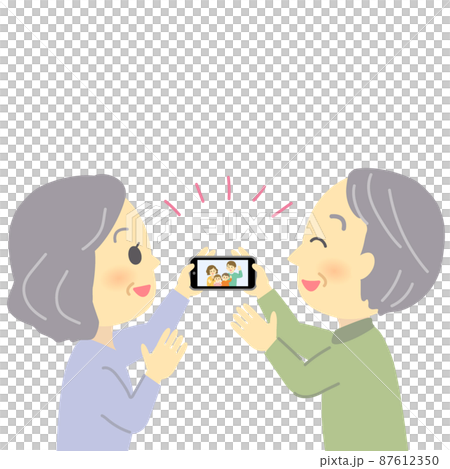 イラスト素材:携帯電話のビデオ通話を利用してオンライン帰省をする様子(老夫婦に手を振る若夫婦家族) イラスト素材:携帯電話のビデオ通話を利用してオンライン帰省をする様子(老夫婦に手を振る若夫婦家族) 87612350