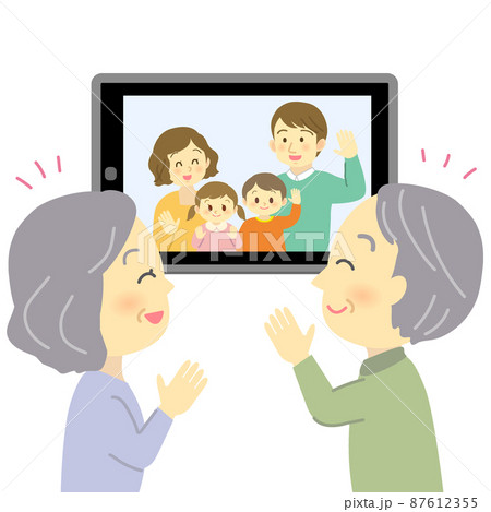 イラスト素材 タブレットのビデオ通話利用してオンライン帰省をする様子 老夫婦に手を振る若夫婦家族 のイラスト素材
