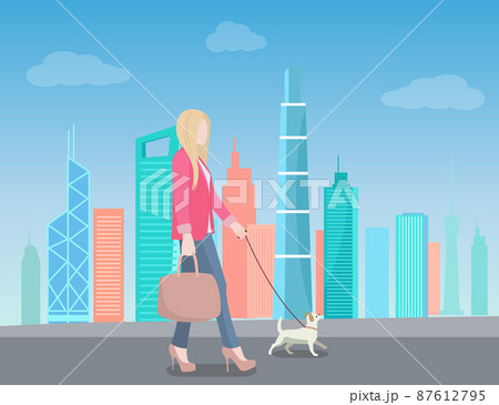 Woman Walking in City with Dog on Leash Skyscraper Woman Walking in City with Dog on Leash Skyscraper 87612795