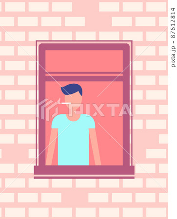 Man Smoking Cigarette near Open Window, Brick Wall 87612814