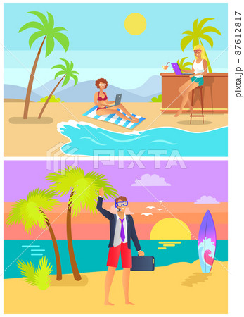 Freelancers Man and Woman on Tropical Beach Vector Freelancers Man and Woman on Tropical Beach Vector 87612817