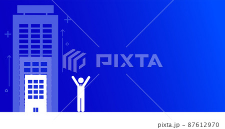 大きくなる会社と喜ぶ人物のイラスト、ピクトグラム、右にコピースペース、ベクター 87612970