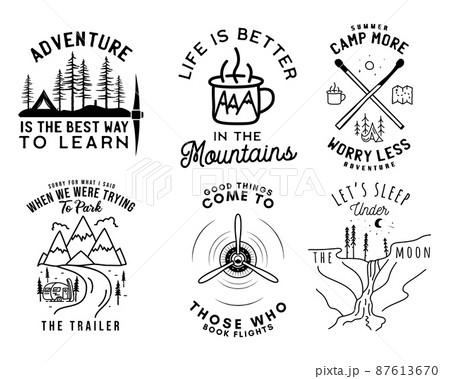 Camping line art logo designs set. Vintage adventure emblems. Camp label, hiking badges bundle. Silhouette linear concept. Stock collection 87613670