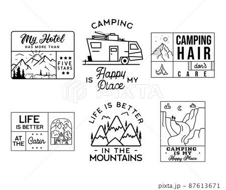 Vintage line art logo designs set. Camping adventure badges. Camp label, hiking insignias bundle. Silhouette linear concept. Stock collection 87613671